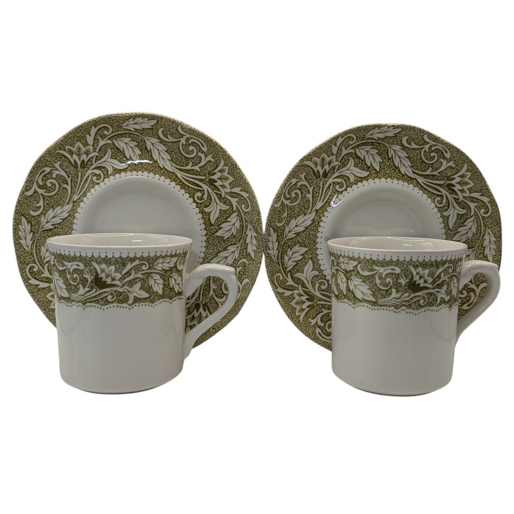 J G Meakin Teacups Saucers  Renaissance‎ Green English Ironstone Set of Two SEE
